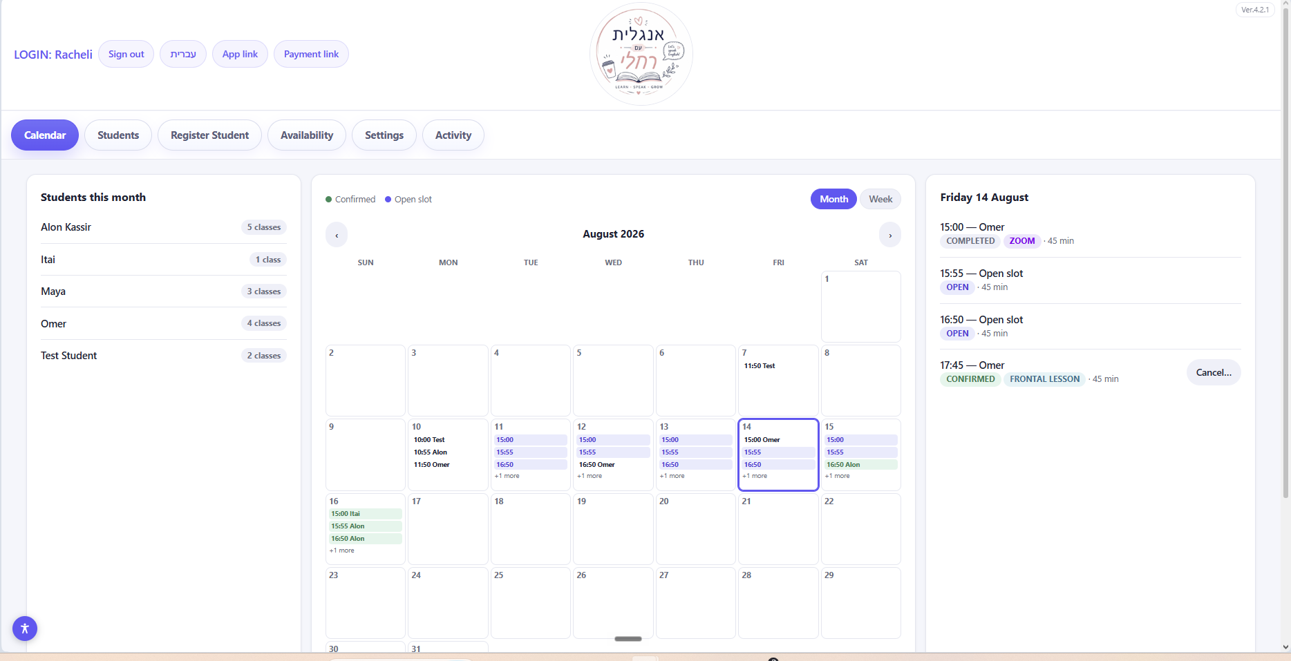 English-With-Rachelli calendar dashboard